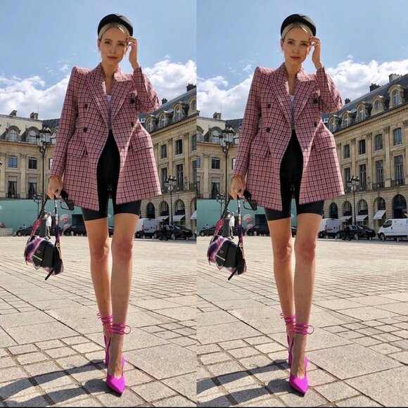 Balenciaga Tweed Hourglass Blazer Jacket In Pink Checkered Double Breasted Sz 40